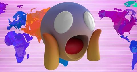 Shocked emoji floating over colorful world map global concept