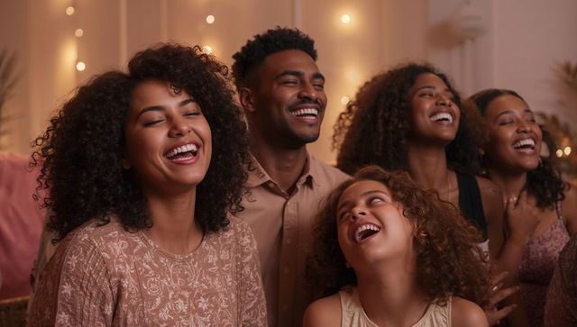 Laughing multigenerational family relaxing on sofa with cozy fairy lights and warm smiles