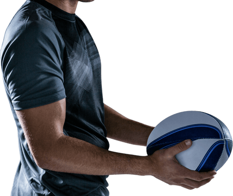 Transparent midsection of rugby player holding ball isolated