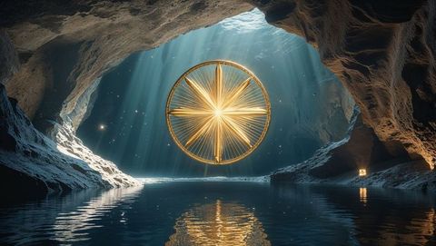 Golden god star wheel glowing in mystical cave pool