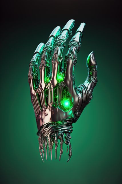 Intricate robotic hand with neon green lighting elements offers a striking visual of advanced technology. Ideal for use in tech advertisements, sci-fi illustrations, or digital innovation showcases. Can also be used to represent artificial intelligence and futuristic concepts.
