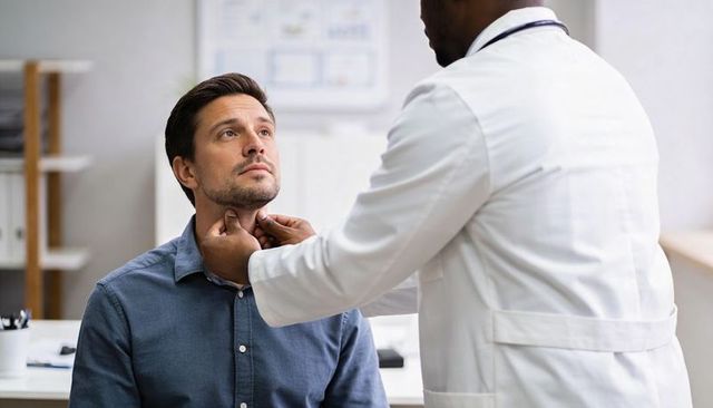 Doctor palpating male patient neck during thyroid examination in modern clinic consultation