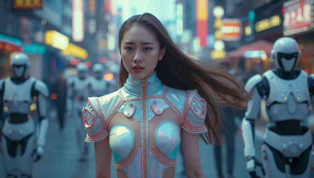 Futuristic woman in featured city street surrounded by androids at night