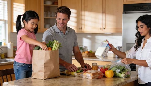 Family unpacking groceries on granite kitchen island preparing fresh vegetables and team cooking