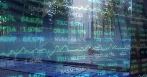 stock market data overlay with woman relaxing in pool - Download Free Stock Images Pikwizard.com