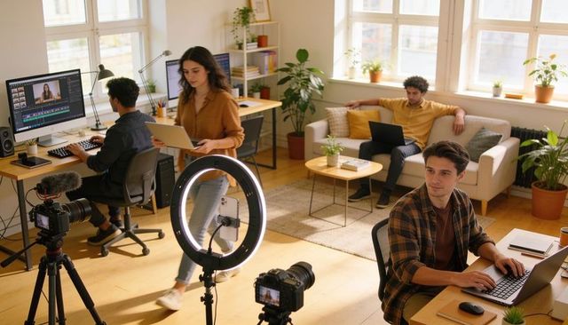 Video production team collaborating in bright home studio with ring light and dslr cameras