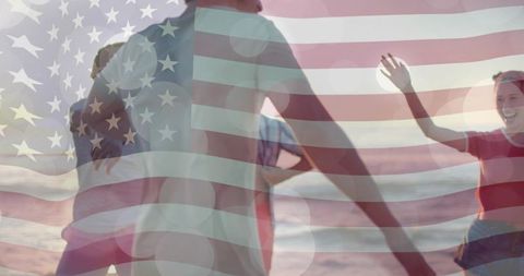Dancing friends on sunset beach with american flag overlay celebrating summer freedom