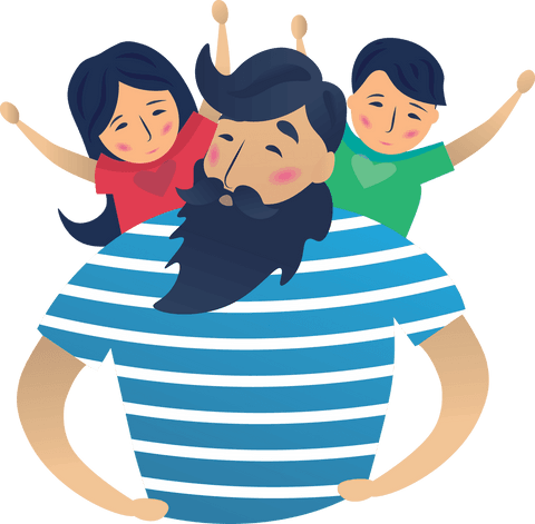This illustration vividly depicts a bearded father with his son and daughter on a transparent background. 