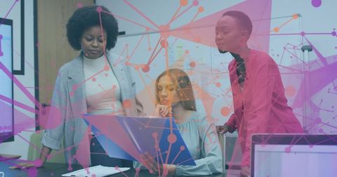 Team collaborating and reviewing project folder with digital network overlay