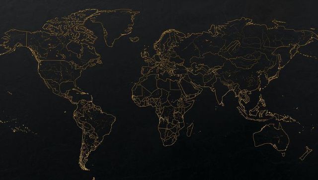 Elegant World Map with Gold Outlines on Black Canvas