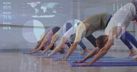 Group Yoga in Downward Dog Pose with Digital Data Overlay