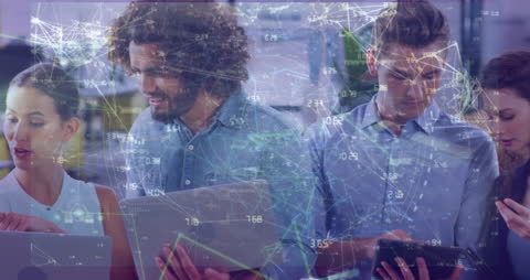 Business Professionals Analyzing Data with a Digital Network Overlay