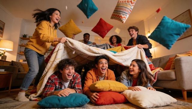 Young friends building blanket fort and tossing colorful pillows in cozy living room