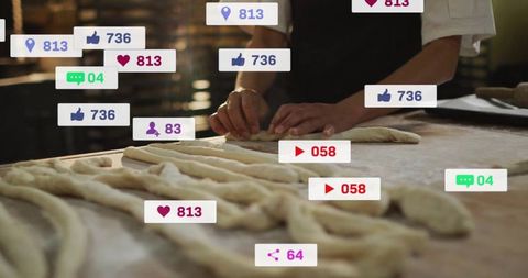 Korean baker twisting dough with social media engagement icons