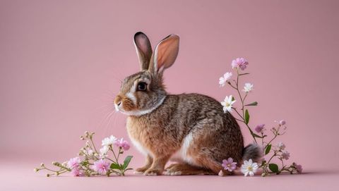 Adorable brown cottontail rabbit among pink and white florals on pastel surface
