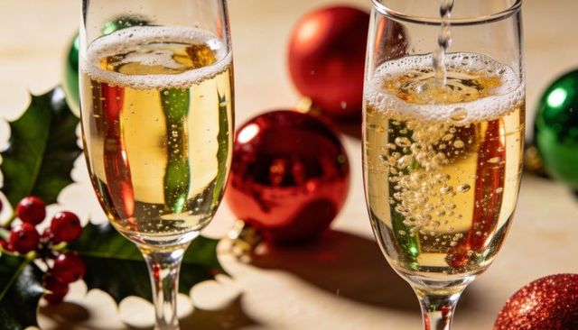 Champagne pouring in festive holiday flutes with holly and ornaments on gold tabletop