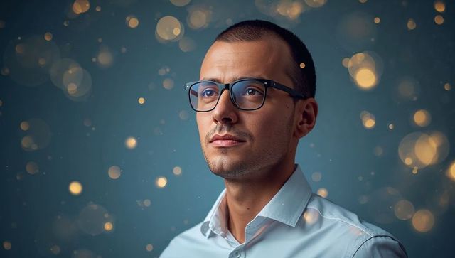 Posing professional man wearing rectangular glasses with warm gold bokeh and teal backdrop