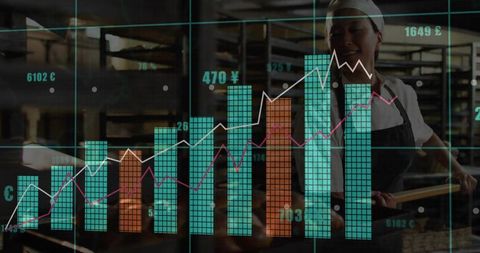 Bakery chef with financial growth charts overlay