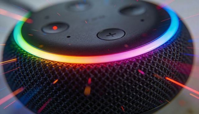 Glowing smart speaker with multicolor led ring casting ambient light on mesh fabric