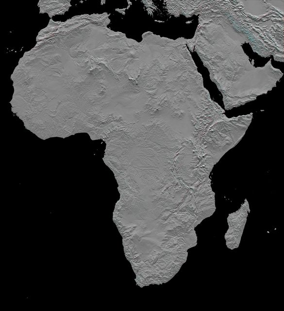 This detailed stereoscopic relief topography of Africa, derived from NASA's Shuttle Radar Topography Mission, presents the continent's geographic features in 3D. Suitable for educational materials, research presentations, and geographic studies. Requires 3D glasses for the full effect.