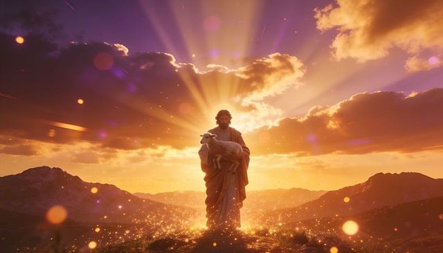 Shepherd holding lamb on sunlit hilltop at golden sunset with radiant halo