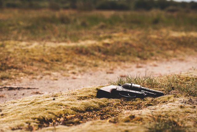 Handgun lying on grass in outdoor field, suggesting danger or caution. Suitable for use in discussions related to crime, security, abandoned objects, firearms awareness, and thriller-themed materials.