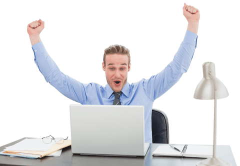 Successful caucasian businessman celebrating at desk on transparent background