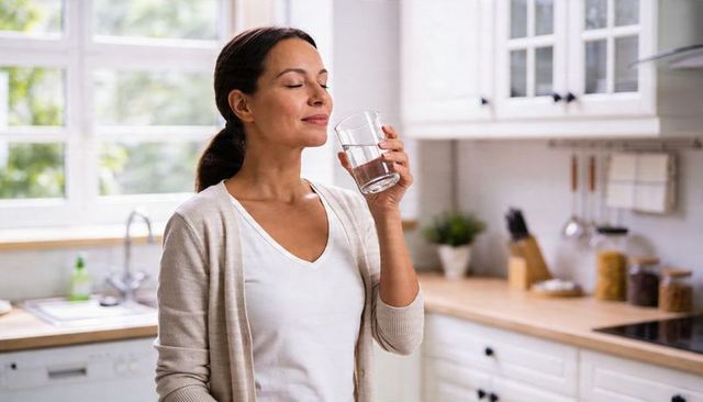 Woman sipping water in sunlit kitchen promoting daily hydration, calm mindfulness at home