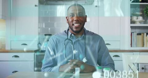 Doctor Presenting Medication with Digital Interface Overlay