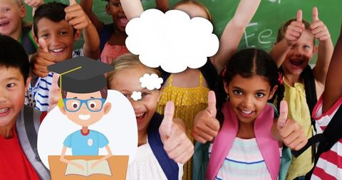 Smiling Schoolchildren in Classroom with Educational Icons