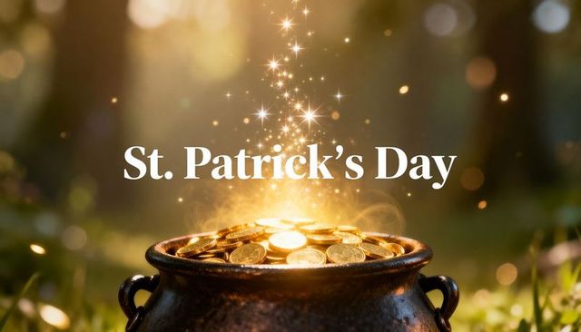 St. Patrick's day glowing cauldron of gold coins with sparkling light and bokeh