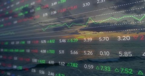 Digital Graph Overlay with Ocean Surf and Sunset Background