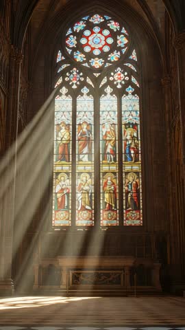 Sunlight streaming through stained glass rose window in gothic nave, altar glowing vertical video