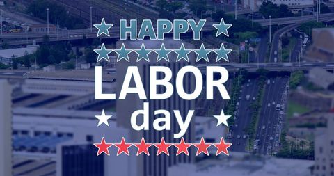 Happy labor day overlay on urban landscape