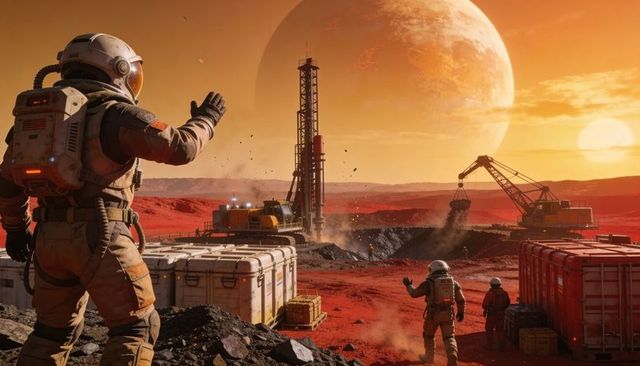 Martian mining crew waving from base camp during red planet excavation at sunset