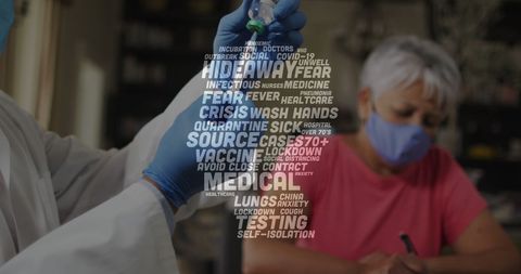 This visual shows a healthcare professional in a mask preparing a COVID-19 vaccine, with a text overlay of related terms. It highlights themes of healthcare and pandemic, making it suitable for education on COVID-19, vaccination campaigns, health awareness articles, and pandemic-related presentations.