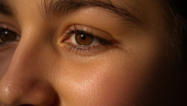 Close-up brown eye capturing warm golden glow, detailed pores and long eyelashes