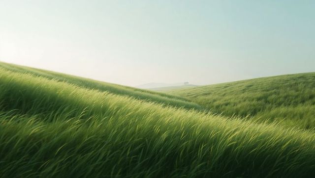 Sunlit grass swaying across rolling green hills at dawn, soft haze horizon