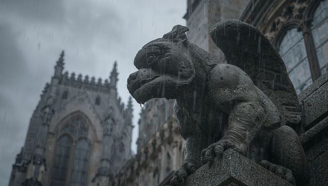 Weathered gargoyle perching on gothic cathedral ledge dripping rain