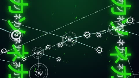 A dynamic background featuring network connections intertwined with Japanese characters. This is ideal for emphasizing global digital communications, data processing concepts, or technology firm presentations. The visual can be used in tech industry marketing materials, educational videos, or as a tech-themed design element in web interfaces.