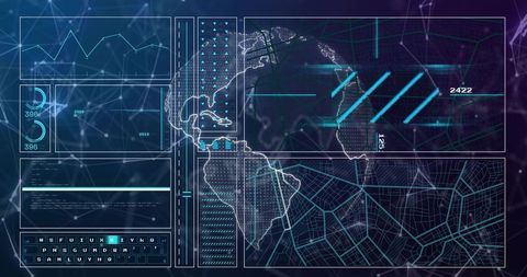 Displaying Global Network HUD Showing Americas Map and Urban Grid Analytics