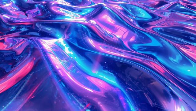 Holographic Liquid Metal Surface with Neon Blue Magenta Glow