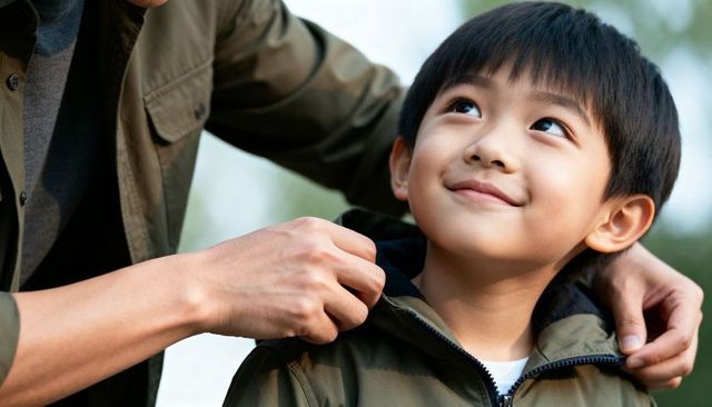 Parent adjusting child jacket while boy smiling outdoors close-up family bond caregiving moment park
