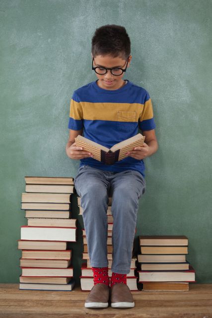 Schoolboy wearing glasses and casual clothing sitting on a stack of books while reading a book against a chalkboard background. Ideal for educational materials, school promotions, literacy campaigns, and academic websites.