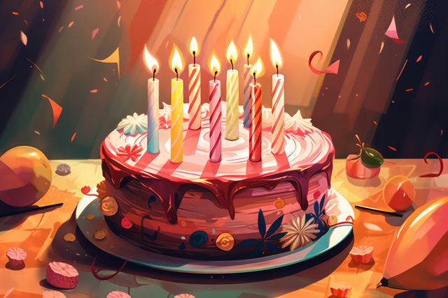 Colorful Birthday Cake with Lit Candles in Festive Celebration - Download Free Stock Images Pikwizard.com