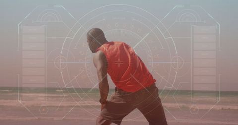 Fitness Tracking Overlay African American Exercising Beach
