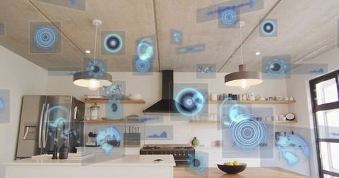 Minimalist open-plan kitchen displaying augmented reality hud overlays and smart home controls