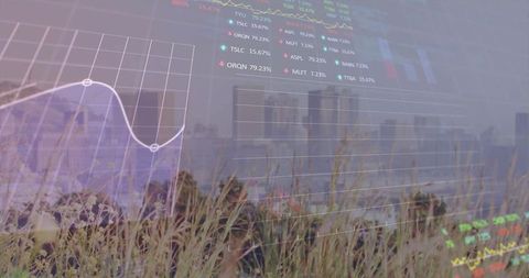 Blending financial charts with urban meadow landscape creating sustainable growth concept
