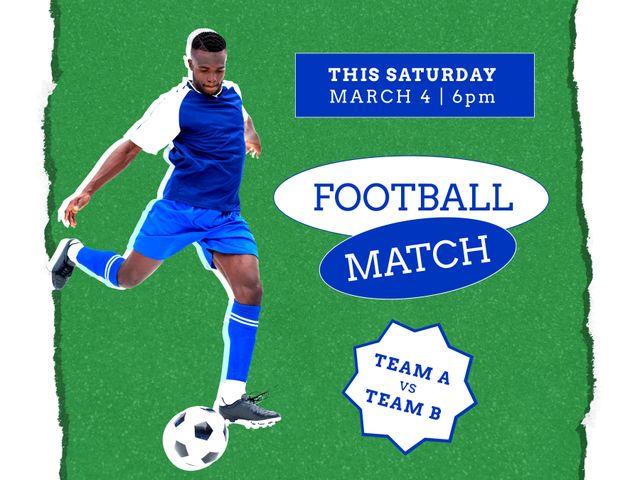 Perfect for promoting an upcoming football match featuring African American athletes. Ideal for use in advertisements, event promotions, social media posts, and sports flyers. Highlights key event details such as date and time, engaging and vibrant design captures attention.