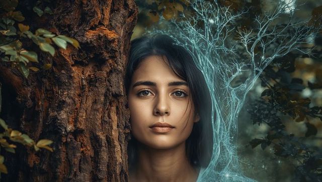 Ethereal woman blending with tree and glowing cyan branches in mystical moody forest portrait